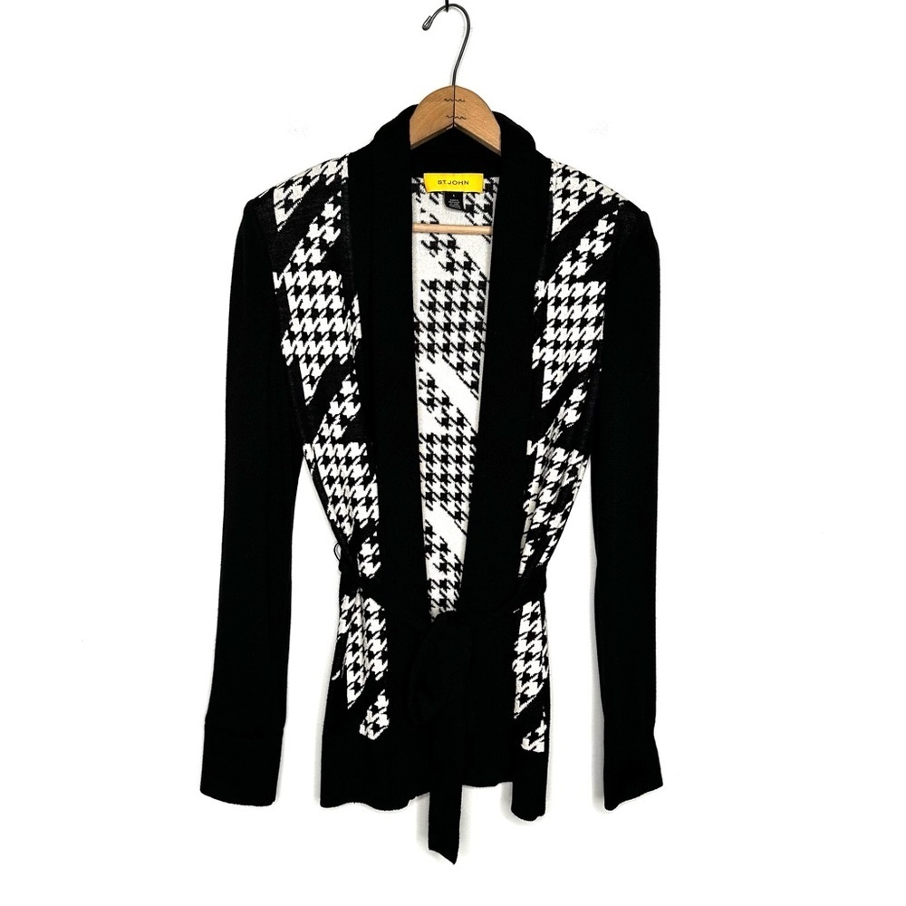 St. John Black and White Houndstooth Tie Waist Open Cardigan Sweater Size Small